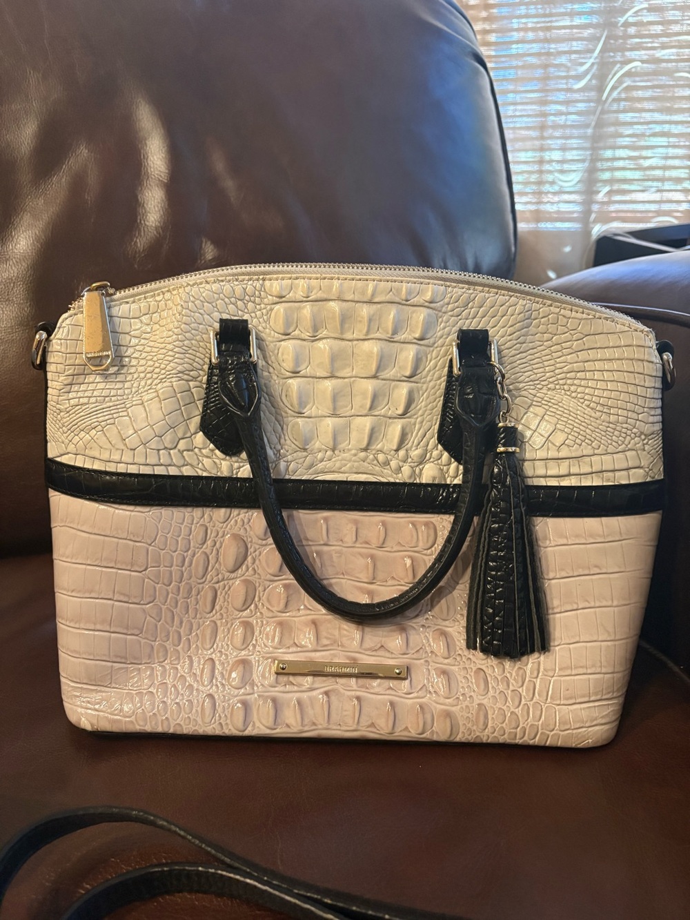 Brahmin Cream Croc-Embossed Duxbury Satchel with Black Trim and Tassel - Picture 2 of 13